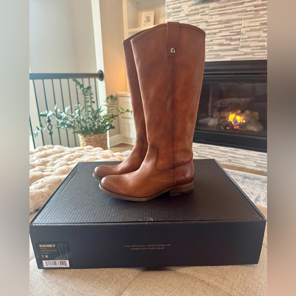 Frye Melissa Cognac Leather Tall Inside Zip Boots